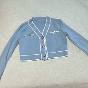 Baby blue and White Cropped  Sweater with Gold buttons!